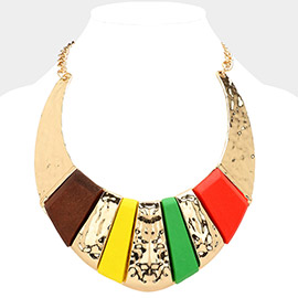 Wood Pointed Hammered Metal Curved Bib Necklace